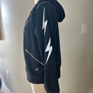 Aviator Nation Black Zip Pocket Hoodie with White Lightning Sleeves